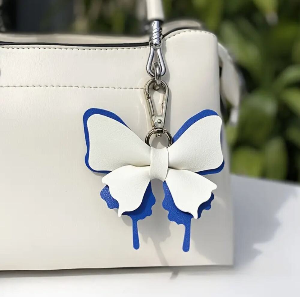 Blue White Butterfly Faux Leather Keychain Bag Charm